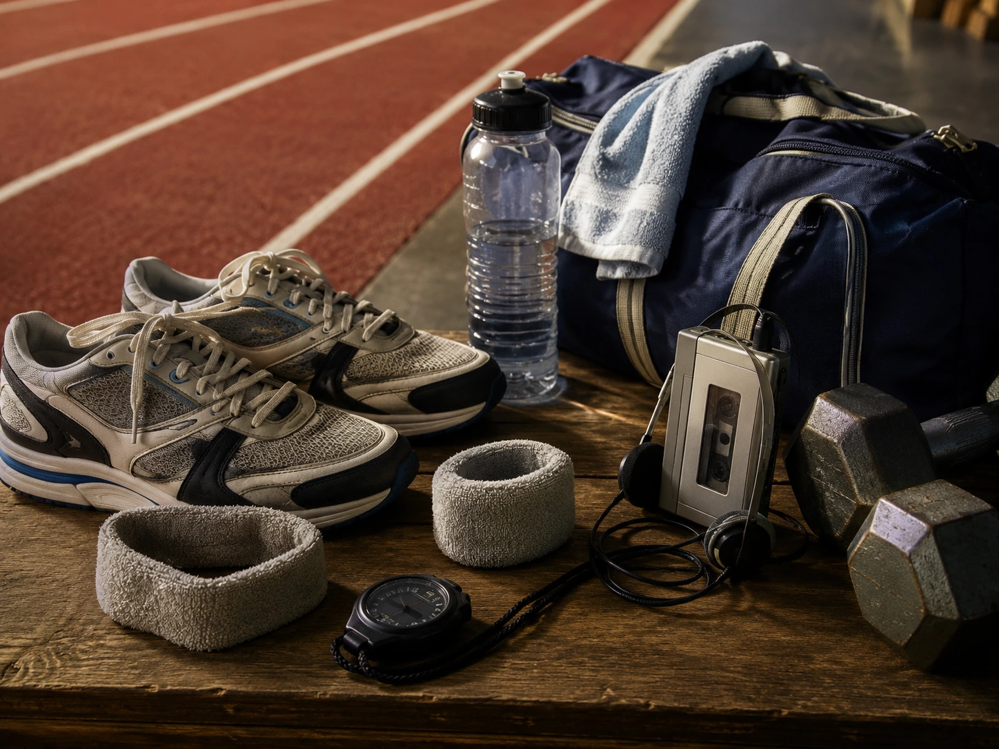 Late-1980s running shoes, gym bag, stopwatch, cassette player, sweatbands and weights beside a track