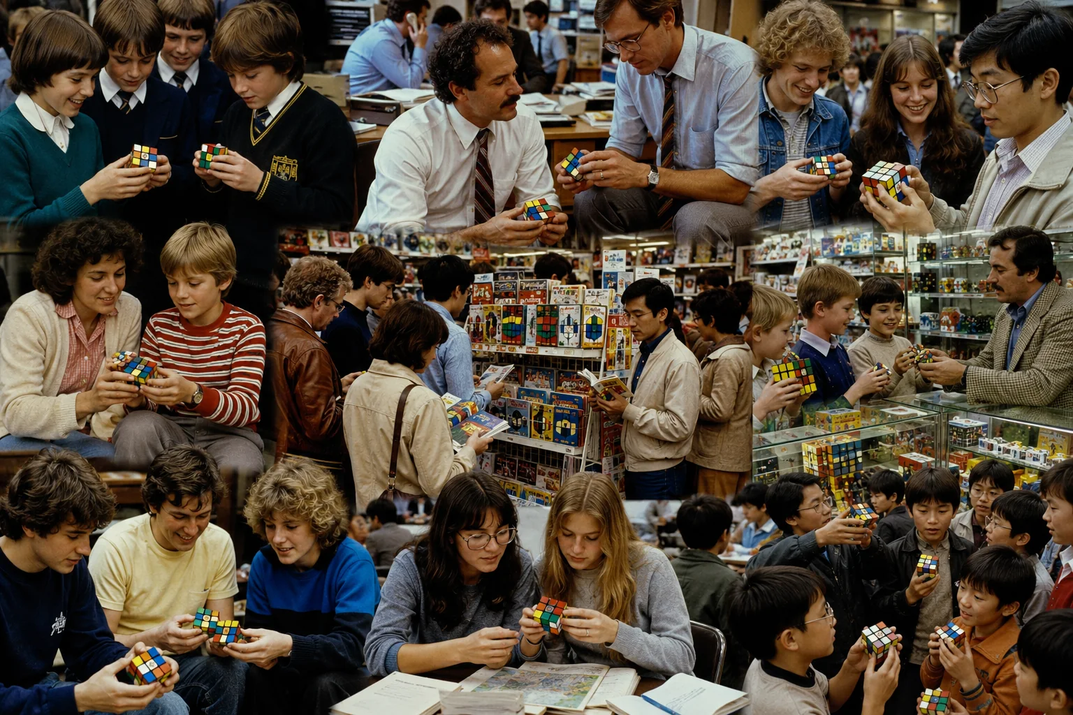 Early-1980s scenes of schoolchildren, office workers, college students, shoppers, and families all turning colorful cubes during the worldwide craze.