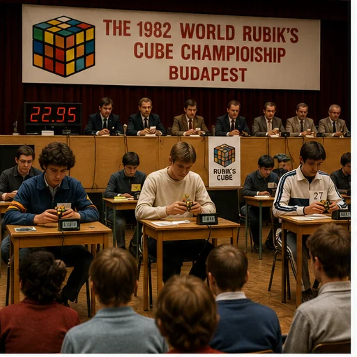 Formal 1982-style international cube championship in Budapest with teenage competitors, judges, spectators, cameras, and analog timing equipment.