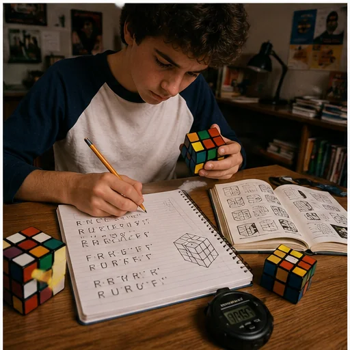 Teenager practicing cube move sequences beside handwritten notation, diagrams, an analog stopwatch, and several partially solved puzzles.