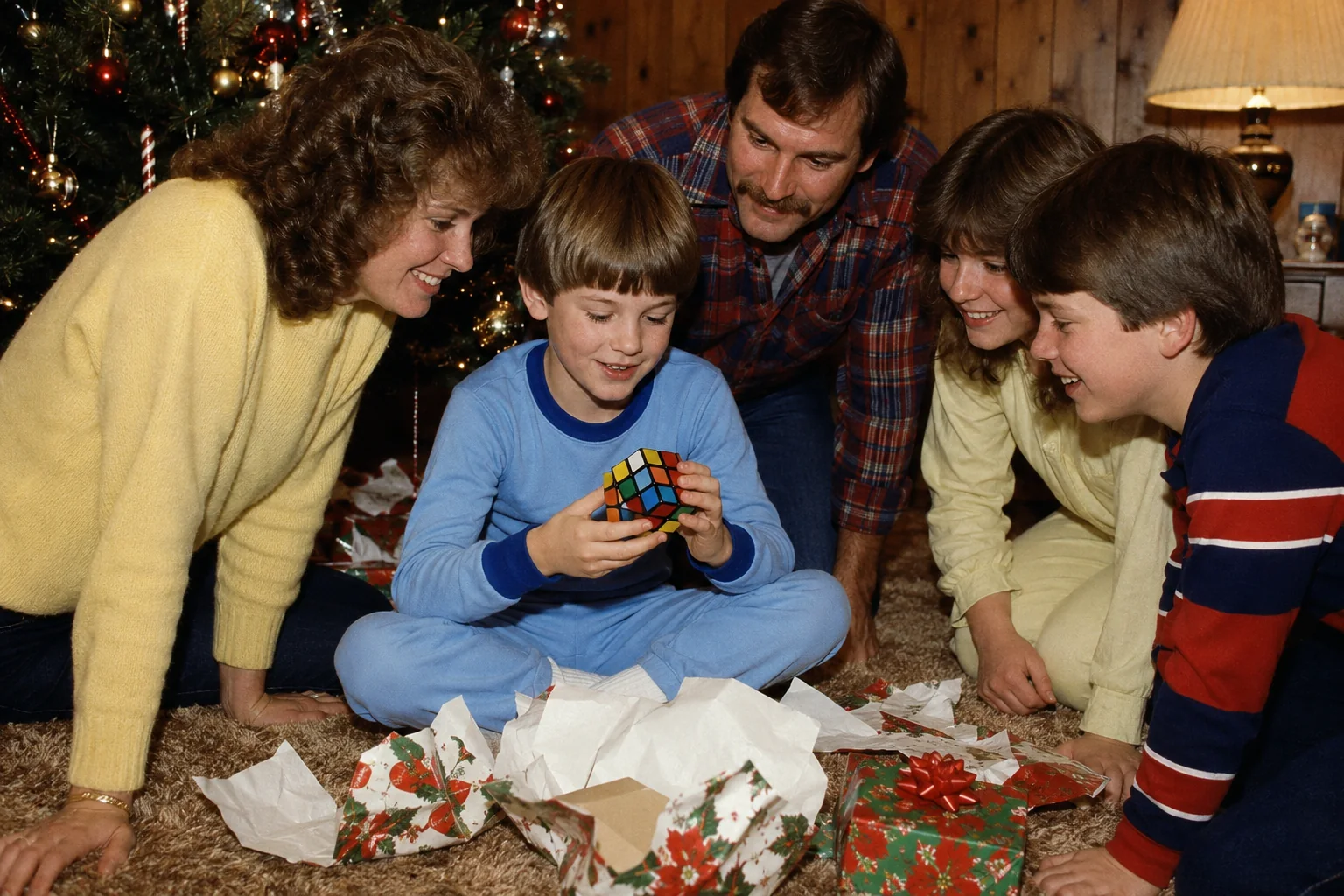Child opening and turning a colorful cube on Christmas morning while family members gather on shag carpet beside a tree and wrapping paper.