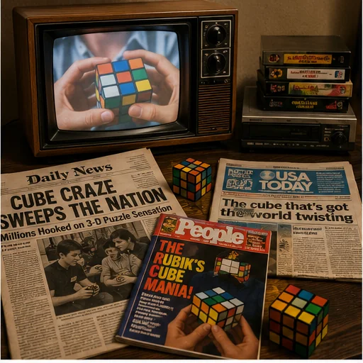 CRT television showing hands turning a colorful cube beside newspaper coverage, magazines, VHS tapes, and several scrambled puzzles.