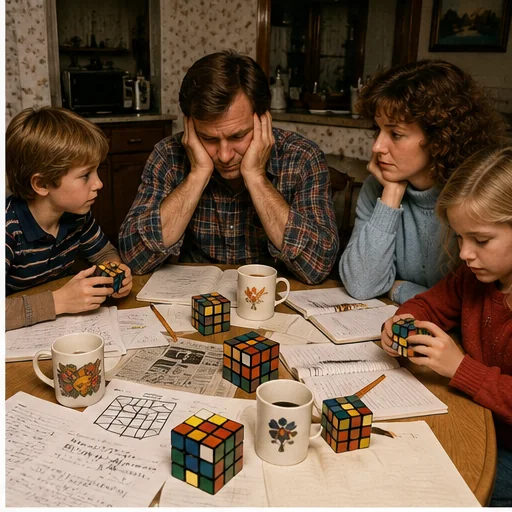 Family gathered around a kitchen table covered with scrambled cubes, diagrams, pencils, coffee cups, and failed solving attempts.