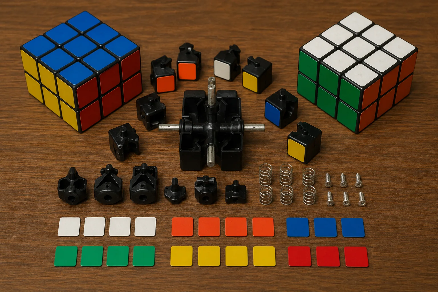 Disassembled vintage-style color cube showing its central core, corner pieces, edge pieces, centers, springs, screws, and loose colored stickers.