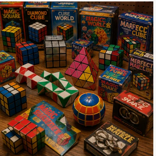 Crowded early-1980s puzzle display with imitation cubes, pyramids, barrels, snakes, linked puzzles, unusual shapes, and colorful packaging.