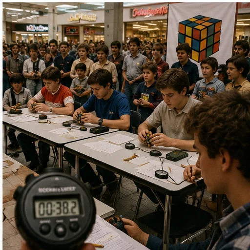 Crowded early-1980s shopping-mall speed-solving contest with young competitors, analog timers, judges, spectators, and scrambled cubes.