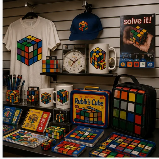 Vintage novelty-store display filled with cube-pattern shirts, hats, mugs, clocks, notebooks, lunch boxes, bags, and desk accessories.