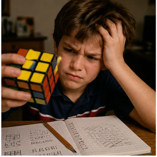 Frustrated child holding a cube with one completed yellow face while the remaining sides stay scrambled beside handwritten notes.