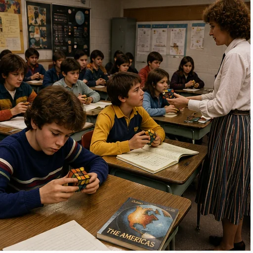 Early-1980s classroom with students turning scrambled cubes at their desks while a teacher collects one during a lesson.