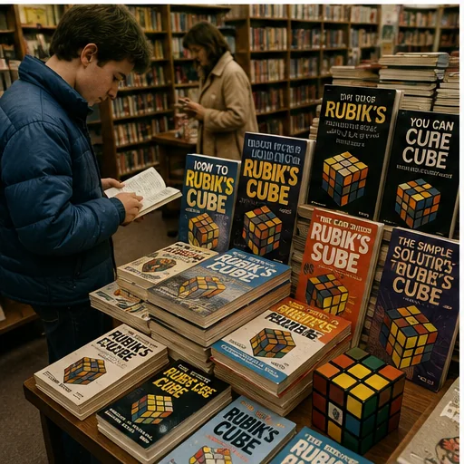 Early-1980s bookstore display stacked with colorful cube solution books, thin paperbacks, diagrams, and sample puzzles.
