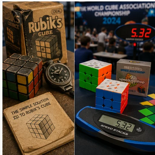 Split-era display comparing a worn vintage cube, old solution booklet, box, and analog watch with modern magnetic speedcubes and a digital competition timer.