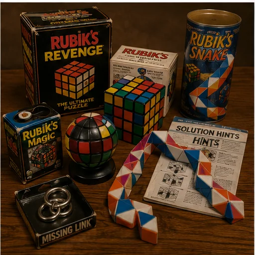 Tabletop collection of a 4-by-4 color cube, twisting snake, folding tile puzzle, spherical puzzle, linked puzzle, booklets, and solution hints.