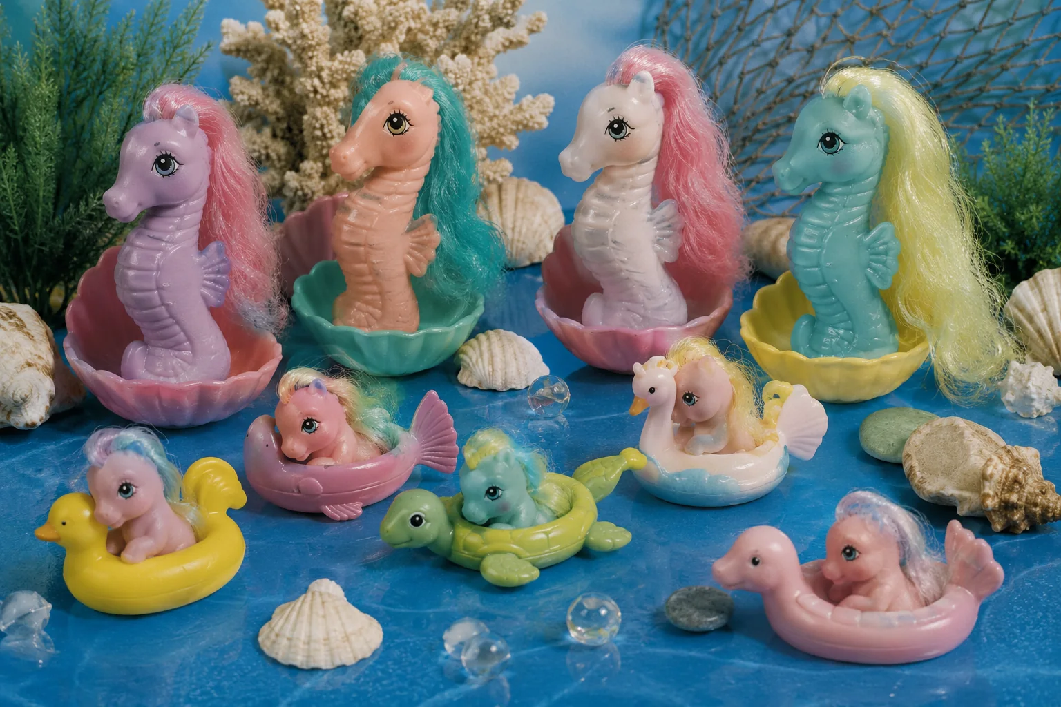 Adult seahorse-style ponies displayed in colorful shell stands beside Baby Sea Ponies floating in duck, fish, turtle, and animal-shaped floats.