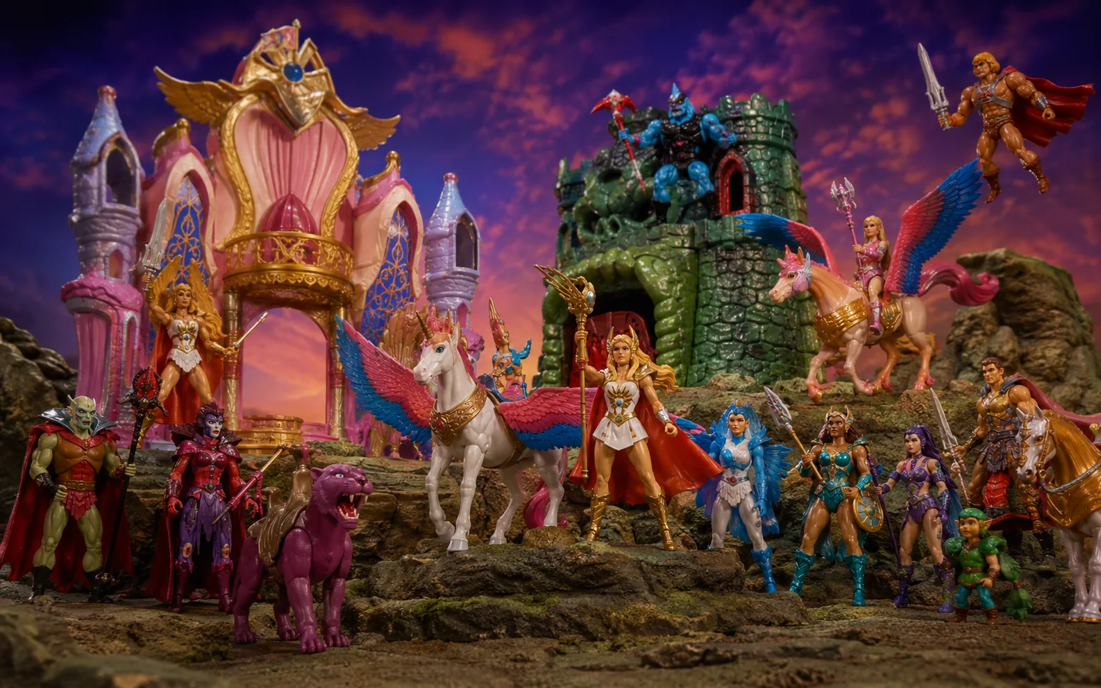 Colorful 1980s fantasy toy display featuring a powerful princess warrior, magical horses, allies, villains, and castles.