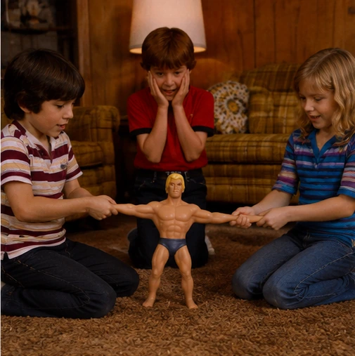 Two siblings pulling Stretch Armstrong from opposite ends while another child watches