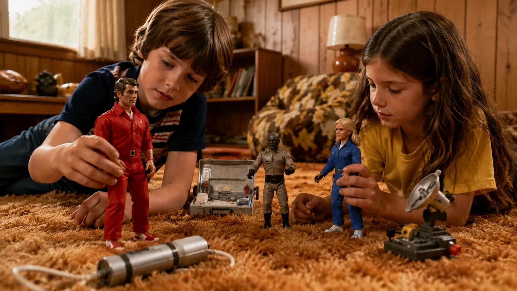 Two children staging a mission with Six Million Dollar Man and Bionic Woman figures, equipment and a robot villain