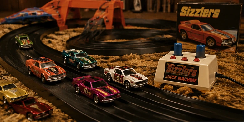Rechargeable 1970s toy cars racing on wide black track beside a Juice Machine-style charger