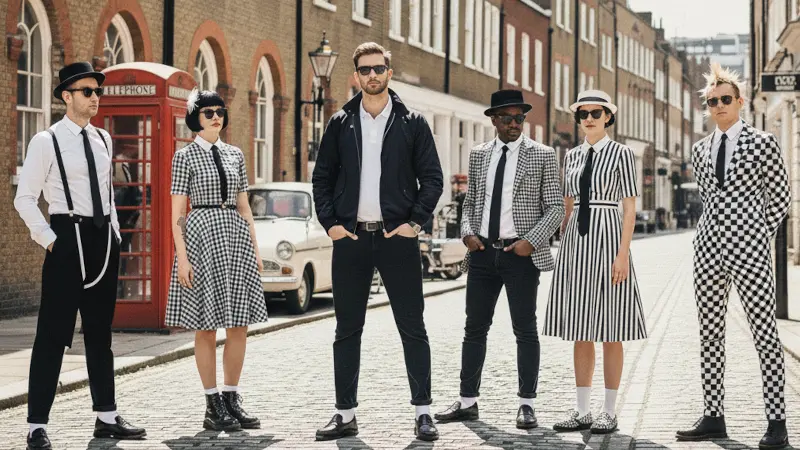 90s ska-punk look with checkerboard style, Vans, punk flyers and bright alternative fashion