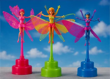Colorful 1990s-style flying fairy dolls displayed on launcher bases