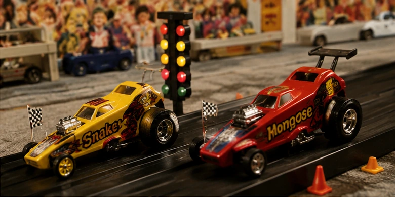 Yellow and red 1970s dragster toys racing side by side beneath a starting light