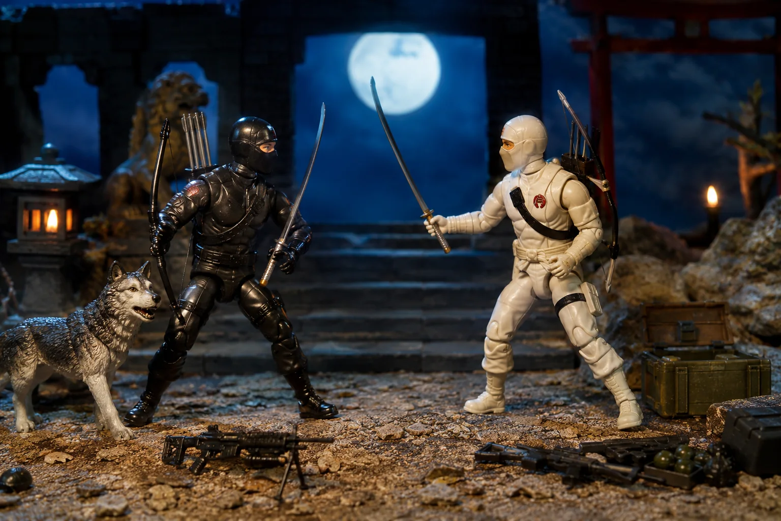 Black-clad commando and white-clad ninja facing each other with swords and bows in a moonlit temple diorama beside a wolf companion.