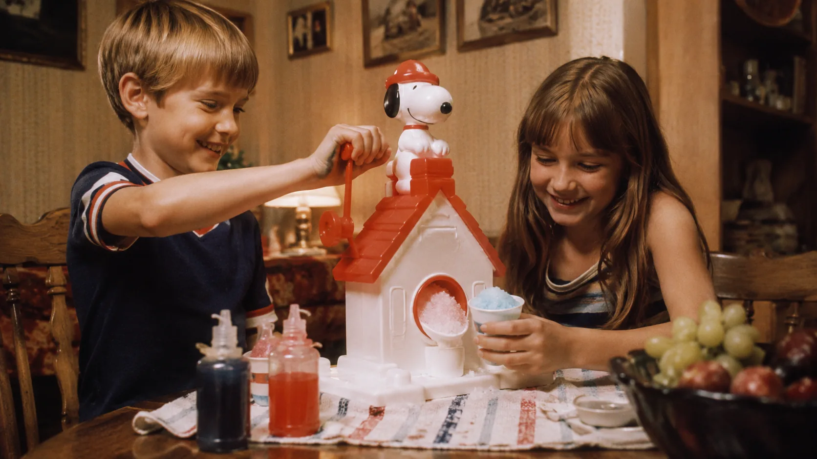 Children making colorful crushed-ice treats with a 1970s Sno-Cone Machine