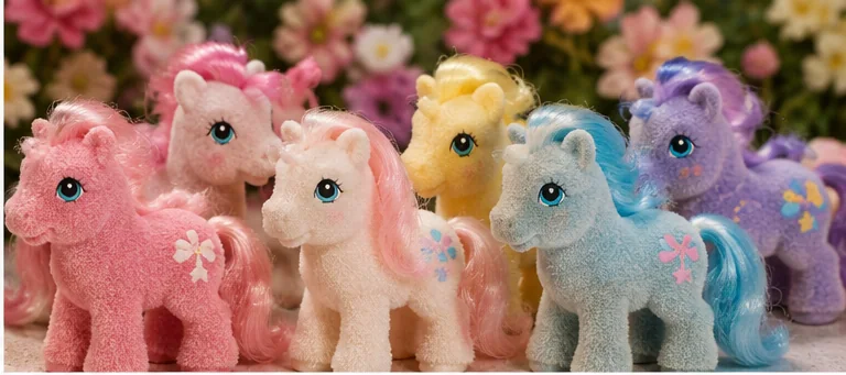 Close-up lineup of fuzzy flocked ponies in pink, white, yellow, blue, and lavender showing the soft textured finish.