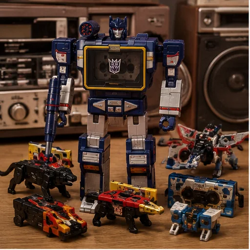 Blue cassette-player robot with open chest compartment surrounded by transforming cassette birds, panthers, humanoid fighters, and tiny chrome accessories.