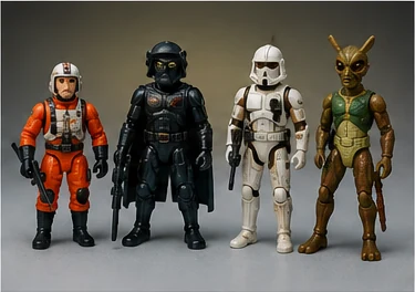 Original 1990s-style space action figures in pilot alien and armored soldier designs