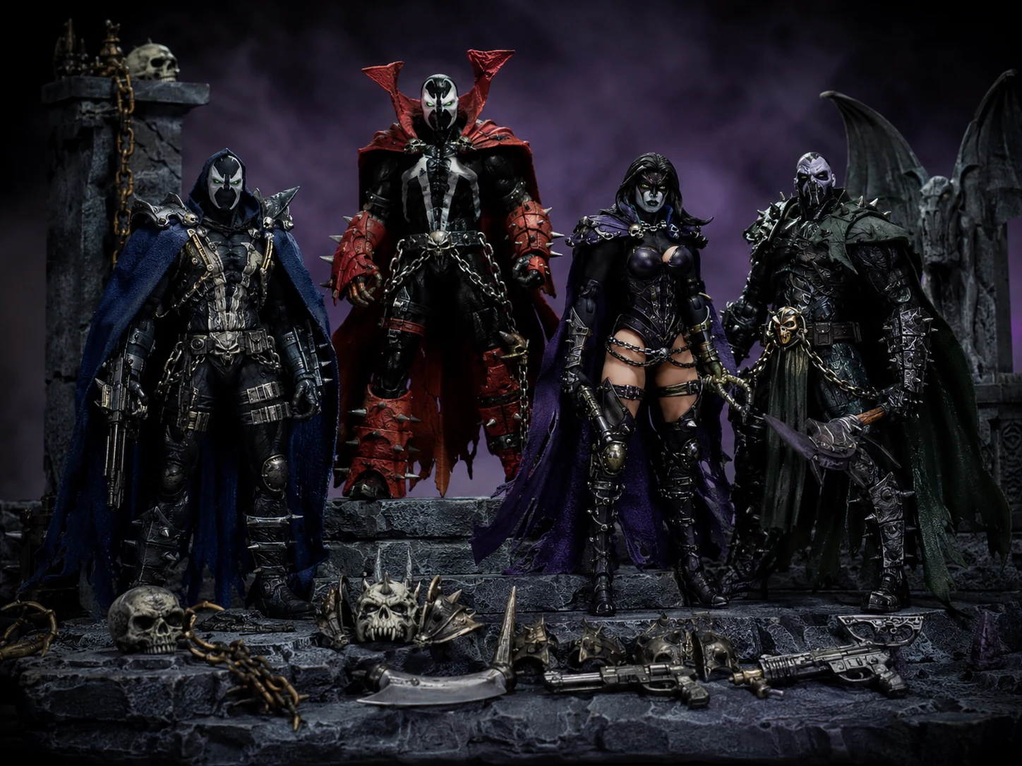 Dark gothic 1990s-style action figures with capes armor chains and detailed accessories