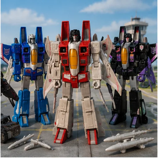 Three colorful 1980s fighter-jet robots in red, blue, black, and purple posed together on a miniature airfield with missiles and landing gear.