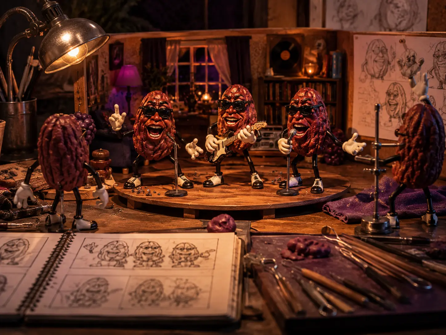 Stop-motion animation studio with clay raisin band figures, miniature set, storyboards and sculpting tools