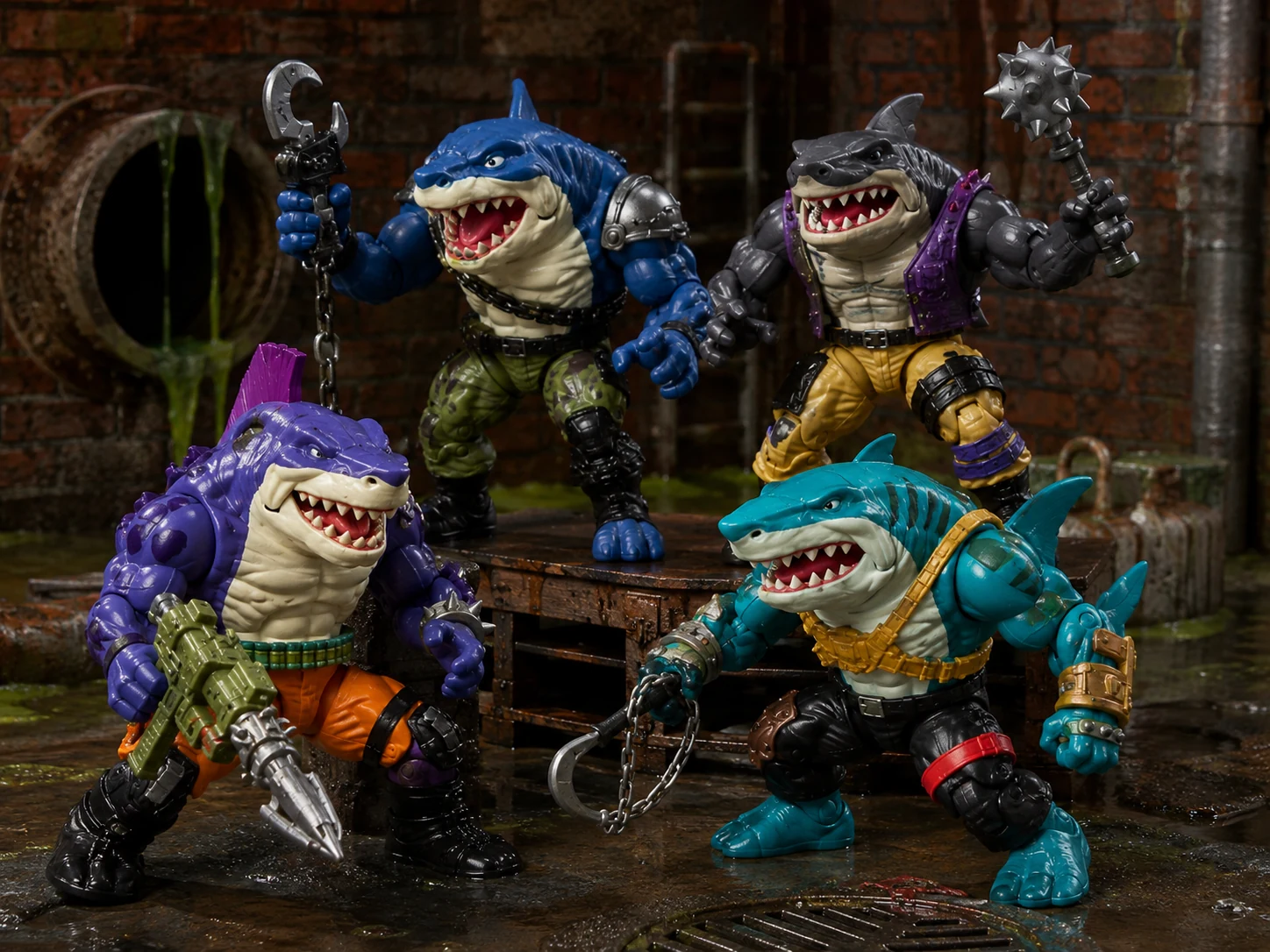 Muscular shark action figures posed in a gritty sewer-style play scene