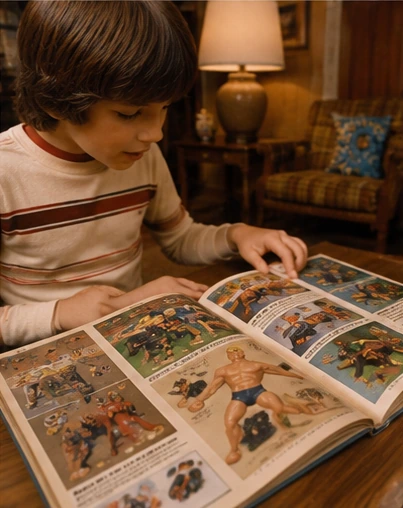 Child studying a 1970s toy catalog with Stretch Armstrong displayed on the page