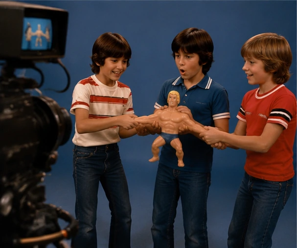 Children demonstrating Stretch Armstrong before a television camera in a 1970s toy-commercial recreation