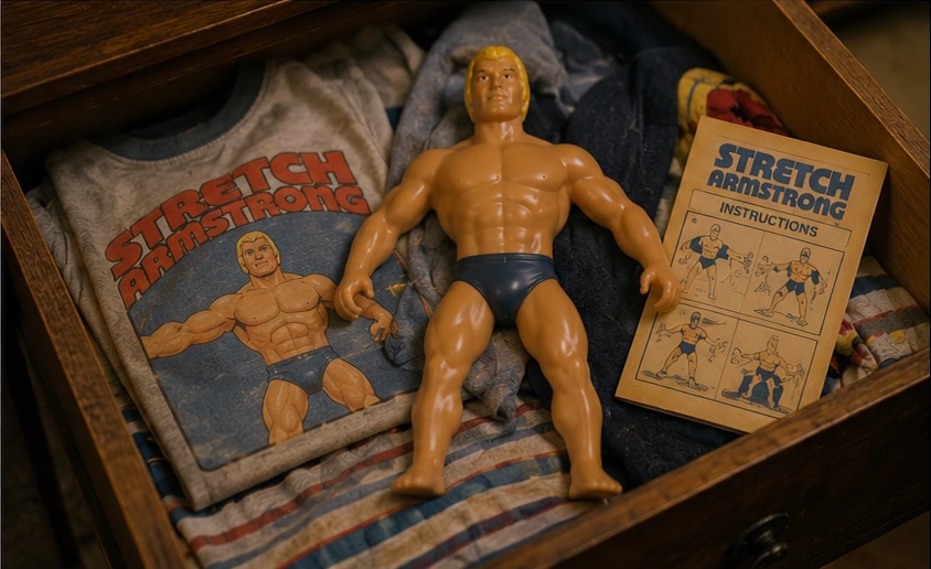 Stretch Armstrong stored in a drawer with nostalgic clothing and original-style instructions