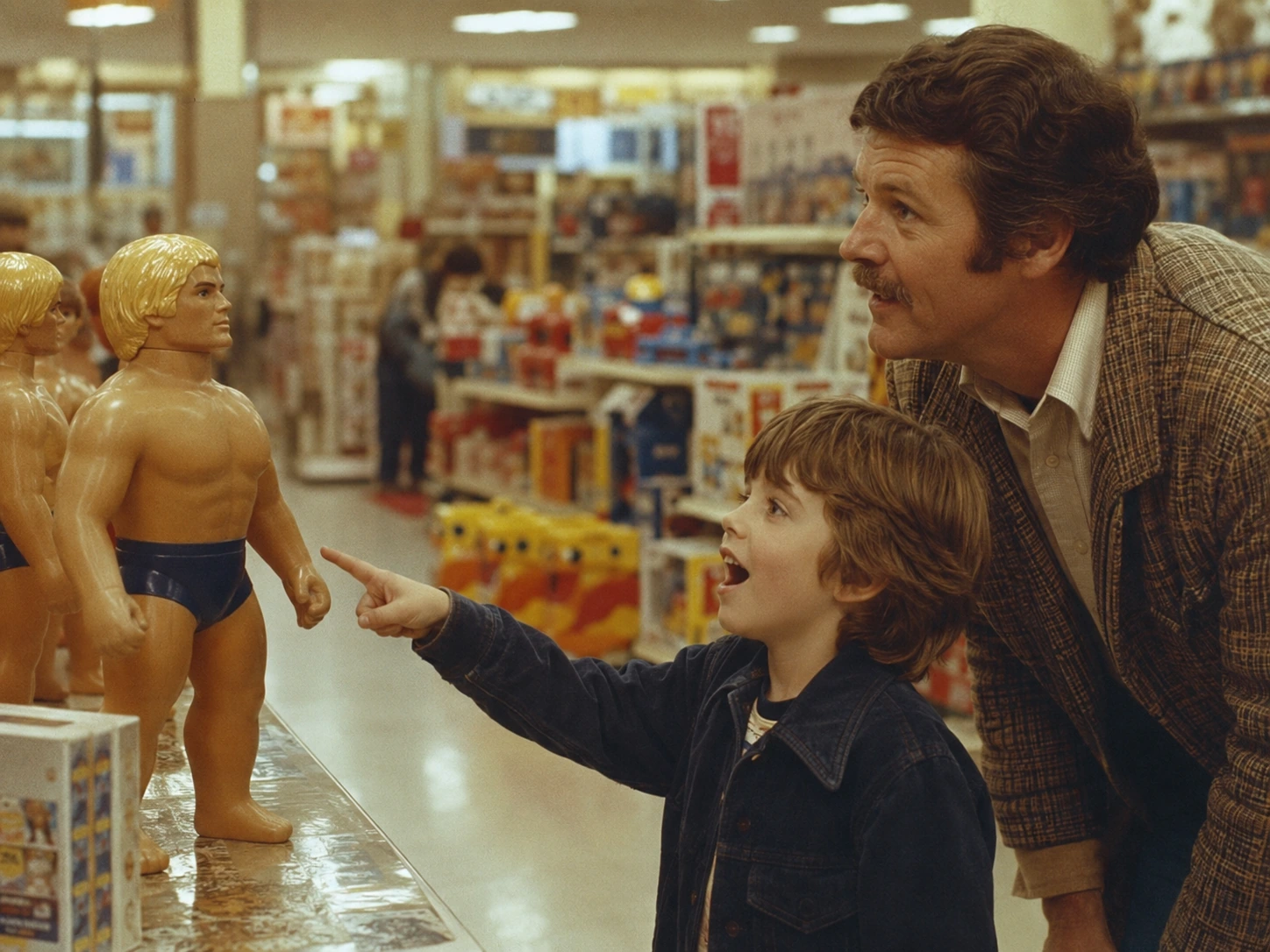 Child and father discovering Stretch Armstrong in a brightly lit 1976 department-store toy aisle