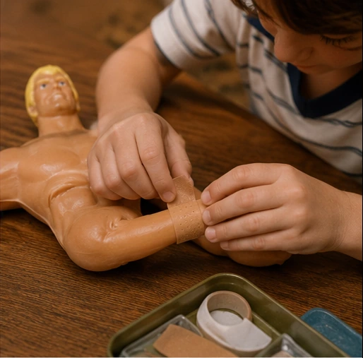 Child carefully applying an adhesive bandage to a small puncture in Stretch Armstrong