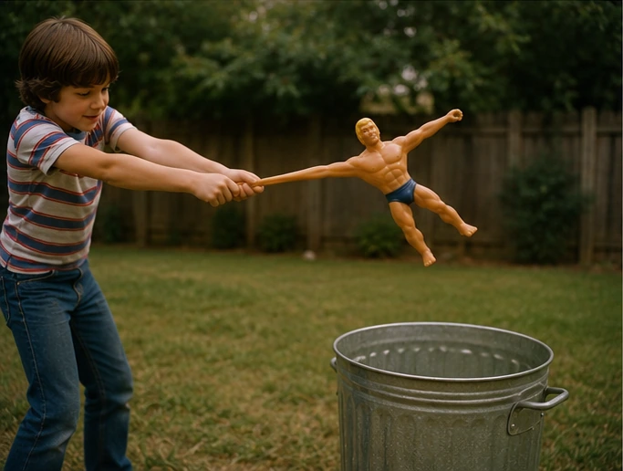 Child stretching a Stretch Armstrong figure outdoors in a scene evoking Gen X sensory memories