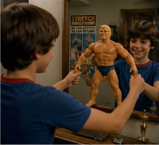 Child holding Stretch Armstrong in a bedroom display recalling the toy line's late-1970s decline
