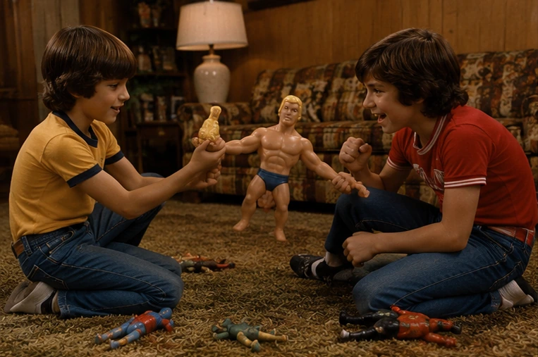 Children staging a living-room wrestling match between Stretch Armstrong and smaller action figures
