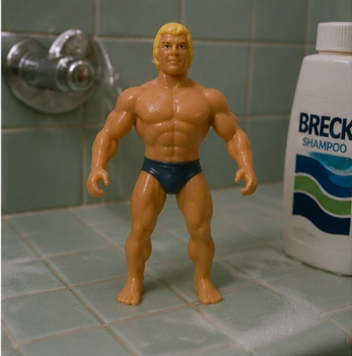 Stretch Armstrong standing near a bathroom bottle in a scene recalling myths and household experiments