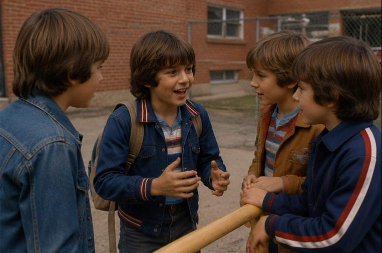 Group of children trading Stretch Armstrong rumors on a 1970s school playground