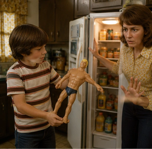 Parent stopping a child from placing Stretch Armstrong into an open 1970s refrigerator