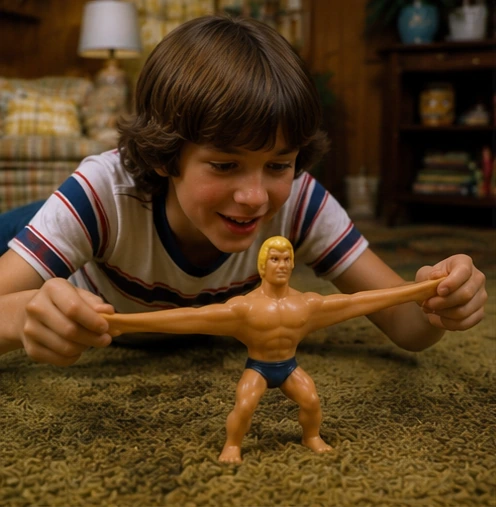 Stretch Armstrong displayed beside smaller conventional 1970s action figures for comparison