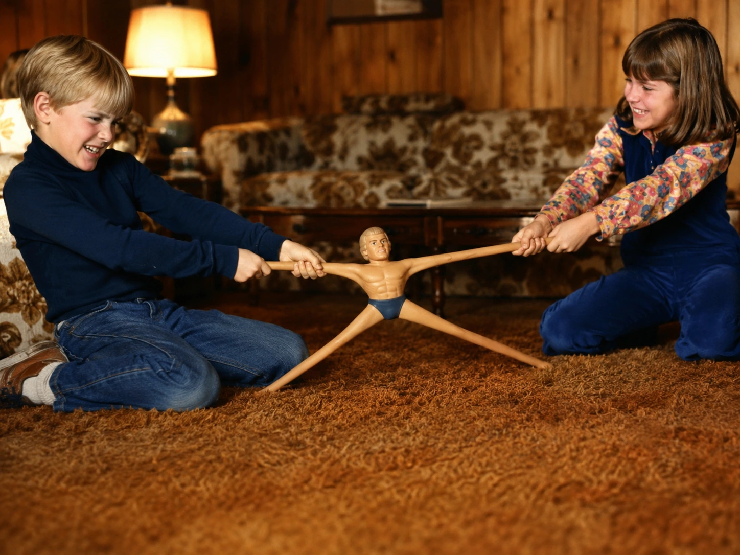 Two children pulling the dense rubbery Stretch Armstrong figure across shag carpet