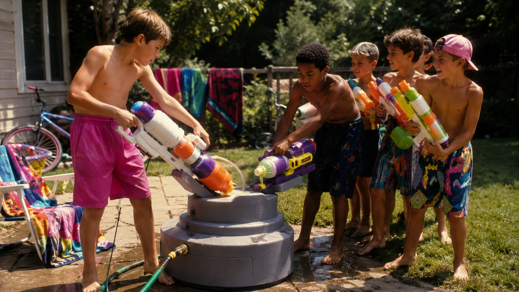 Kids refilling large water blasters at a hose-connected backyard charging station