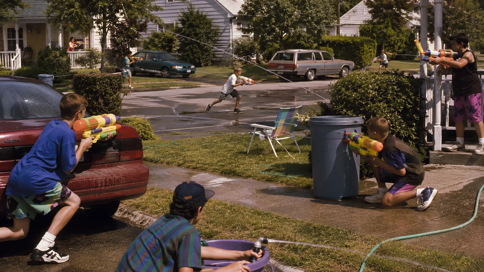 Neighborhood water fight using cars, hedges, porches and trash cans as cover
