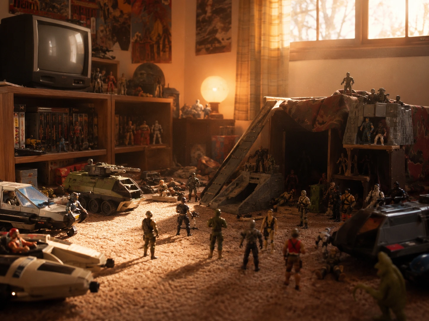 Warm sunlit 80s bedroom with action figures, vehicles, and a homemade cardboard battlefield