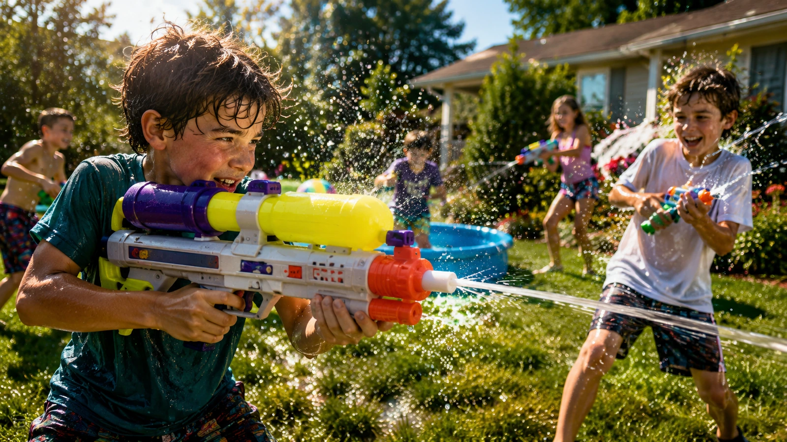 Kid wearing a large neon backpack water reservoir during a 90s-style backyard battle